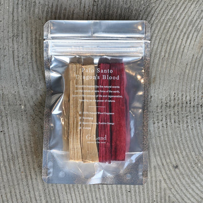 《ドラゴンズブラッド樹脂を含侵させたパロサント（セット）》Positive Energy Palo Santo Sticks Peru&DragonsBlood | G:Land